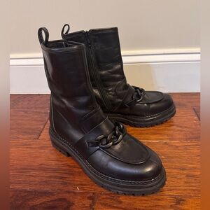 Napoleoni Lug Sole Black Leather Boots Chain Detail Made In Italy Size 38